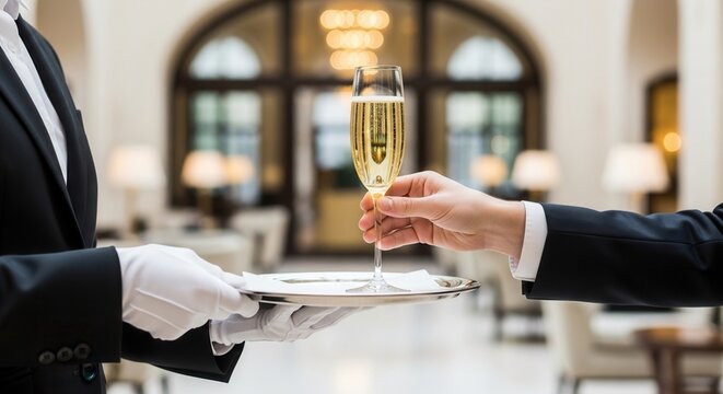Elegant hand taking glass of luxury champagne from silver tray held by butler in white gloves. High-end celebration, welcome drink at corporate event and premium hospitality service concept.