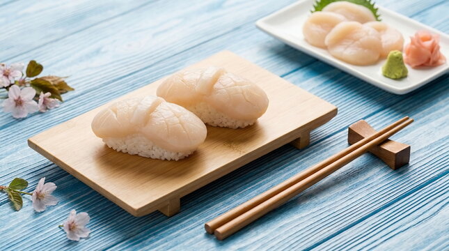 Generated AI: Premium Scallop Hotate Nigiri Sushi on Wooden Board with Cherry Blossom Decor.