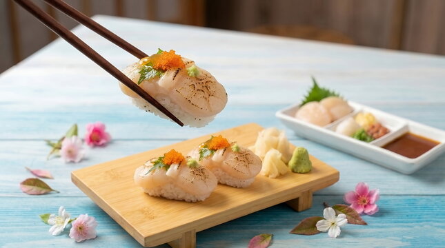 Generated ai - Premium Aburi Hotate Sushi Held by Chopsticks over Wooden Platter with Cherry Blossoms.