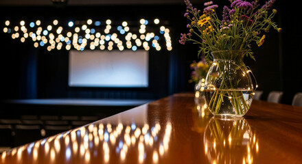 Elegant vase with flowers on wooden bar in theater setting  