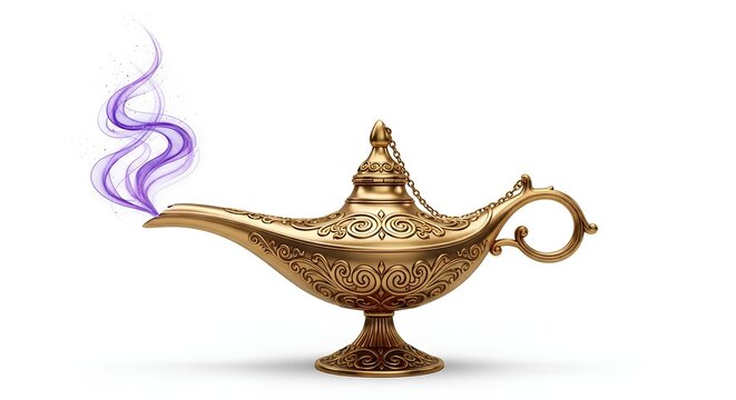 Golden magic lamp with purple smoke on white background