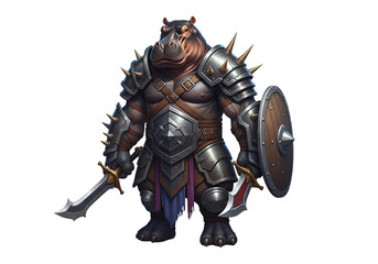 Fantasy armored orc warrior with sword and shield, heavy armor and spiked accessories