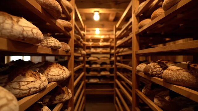 Rustic loaves of bread stored on wooden shelves in a warm, dimly lit bakery room.