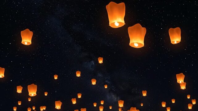 Glowing Lanterns Flying in the Night Sky.
