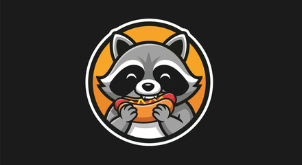Obraz premium Cartoon raccoon enjoying a hot dog