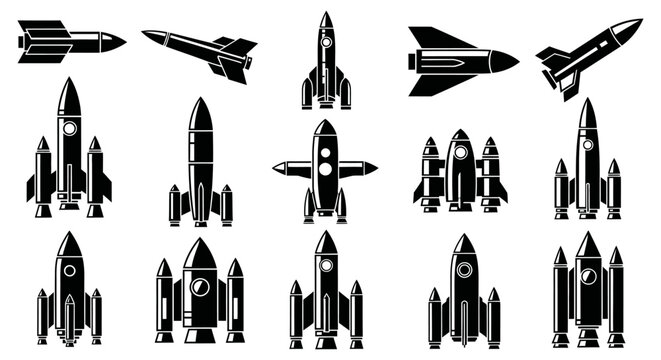 Comprehensive collection of diverse rocket and missile black silhouette icons, showing various designs, on an isolated white background.