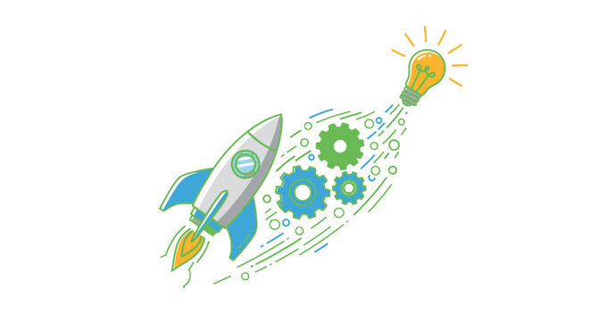 Innovative Business Idea Launching with Rocket and Gears.