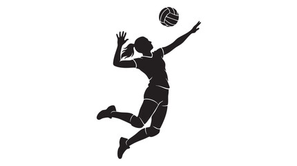 Naklejka premium Dynamic silhouette of a female volleyball player jumping to spike the ball during a game, isolated on a white background.