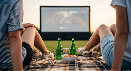 Friends watching outdoor movie on blanket with snacks and drinks  