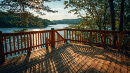 Obraz premium Scenic wooden deck overlooking tranquil lake, surrounded by lush trees and mountains, capturing serene nature ambiance and inviting outdoor relaxation