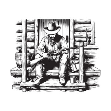 Cowboy sitting on a porch, whittling a piece of wood, in a serene rural setting.