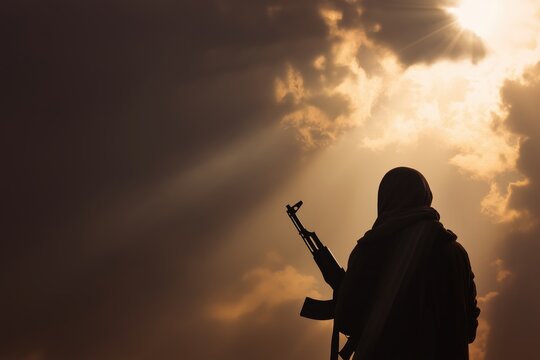 Silhouette of an Armed Figure in a Hijab Under Divine Sun Rays