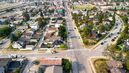 Aerial view of Jasper Town on a sunny summer day. Streets and homes, Alberta - Canada © jovannig