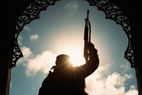 Silhouette of a Militant Raising a Rifle in an Ornate Archway