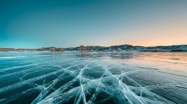 Frozen Lake with Intricate Ice Patterns and Mountain Range at Dawn