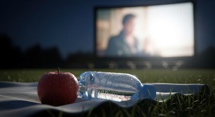 Refreshing apple and water bottle on blanket by outdoor movie screen  