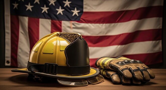 Labor day tribute firefighter helmet and gloves in front of american flag