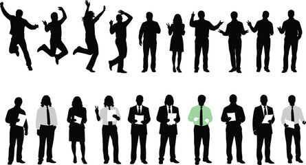 Black silhouette people figures collection showing dynamic dancing, jumping, expressive gestures, business professionals with documents, formal attire, workplace lifestyle artistic design