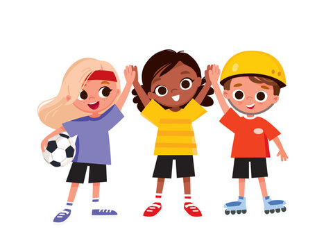 Kids, diverse children who love active pastimes and sports. Three children champions stand together, raising their hands in a victory gesture . Friends girls and boys stand shoulder to shoulder