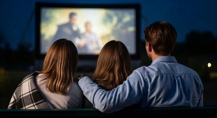 Three friends watching outdoor movie on screen at night  