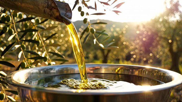 Golden olive oil pouring into bowl in sunny olive grove