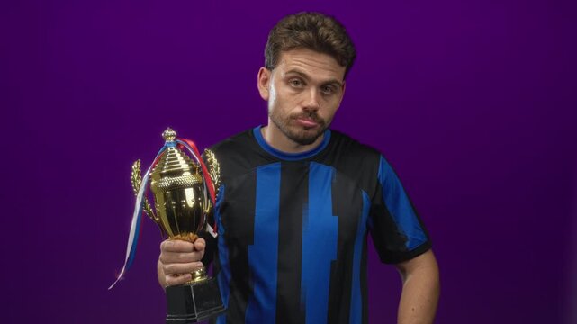 Hispanic man holding trophy in purple studio wearing blue striped shirt, looking down with a pout; disappointment.