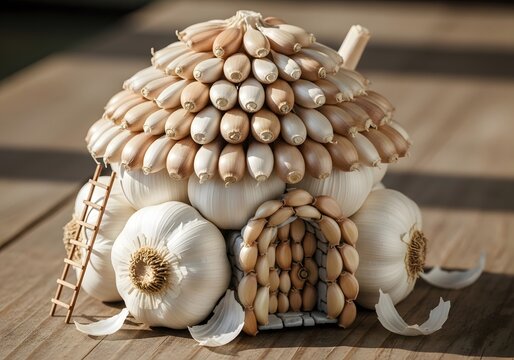 Creative garlic bulbs artfully arranged to form a charming miniature house with a tiny ladder and entrance