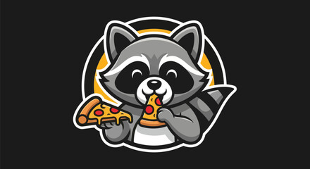 Obraz premium Cartoon raccoon eating pizza slice illustration