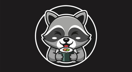 Obraz premium Cartoon raccoon holding sushi illustration