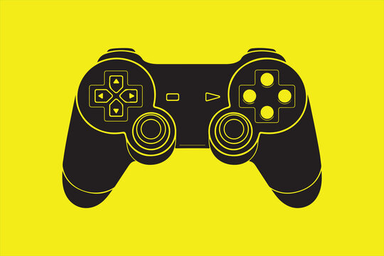 Black video game controller on bright yellow background