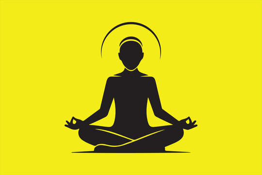 Black silhouette of a person meditating in lotus position on bright yellow background with halo