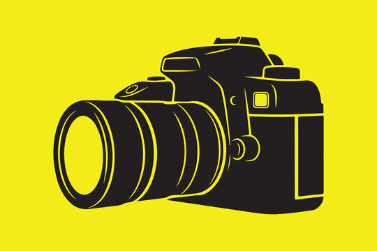 Black digital camera on bright yellow background simple iconic photography equipment illustration