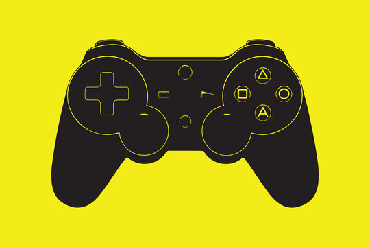 Black playstation game controller on bright yellow background