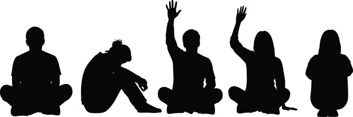 Children sitting silhouettes collection, kids seated poses set, boy and girl raising hand shadow figures isolated outline illustration bundle