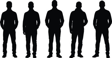 Collection of five standing male silhouettes, full body men outline set, isolated people shadow figures, casual standing pose illustration bundle black © Md