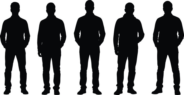 Collection of five standing male silhouettes, full body men outline set, isolated people shadow figures, casual standing pose illustration bundle black