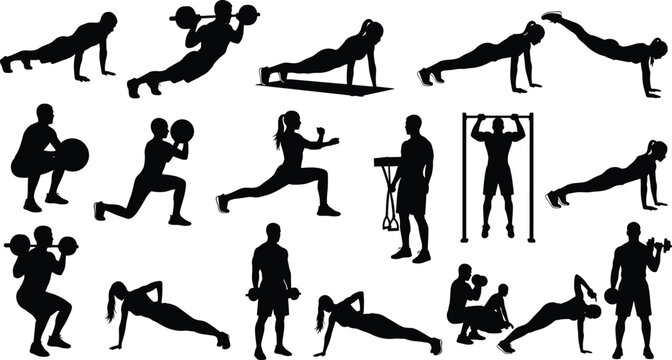 Fitness workout silhouettes collection, men and women performing strength training, push ups and gym exercises isolated on white background