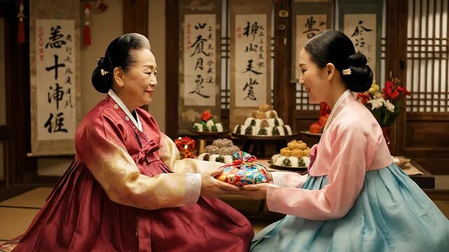 Korean Women Exchanging Gifts in Traditional Hanbok.