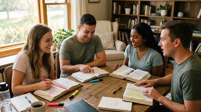 Group of Diverse Young Adults Engaging in a Small Group Study with Highlighted Books created with Generative AI Technology, ai, generative