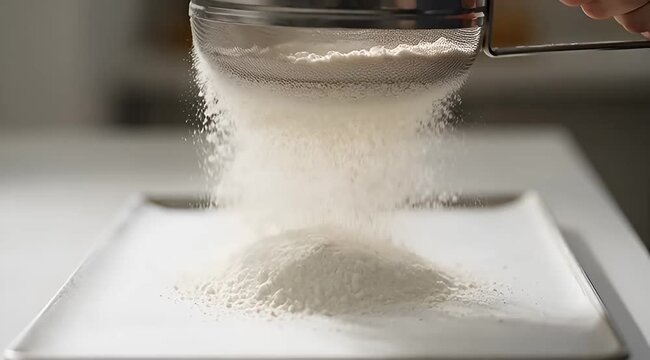 Sifting flour onto a baking sheet for a smooth and even baking process