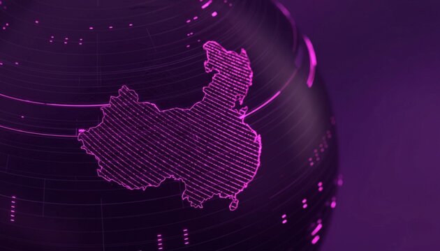 Vibrant digital map of China on globe with purple neon lines&nbsp;for business, technology, or travel projects that require a dynamic and stylish visual element.