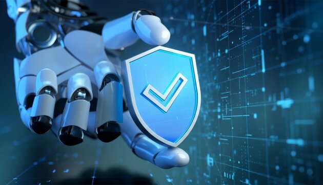 Robotic hand holding shield with checkmark for cybersecurity protection&nbsp;for illustrating concepts related to data protection, cyber defense, and technological innovation.