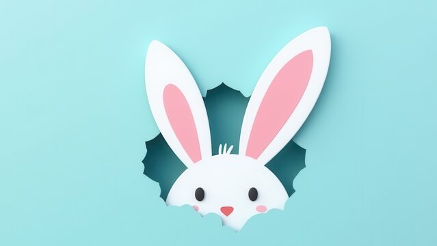 white and pink rabbit ears emerging from cutout hole on pastel blue background playful easter surprise concept of greeting cards, event promotion, seasonal marketing