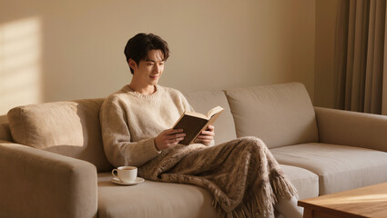 Obraz premium Young Man Reading a Book on a Sofa with Warm Sunlight