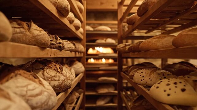 Rustic wooden shelves filled with many freshly baked artisan bread loaves in a warm, traditional bakery setting.