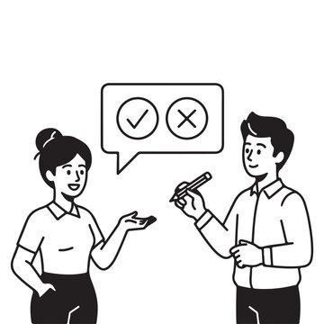 Two people discussing feedback on a mobile application using checkmarks and crossmarks.