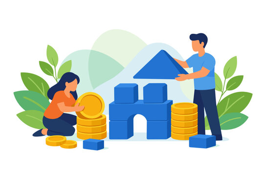 Couple Building Dream Home With Coins Financial Planning Concept.