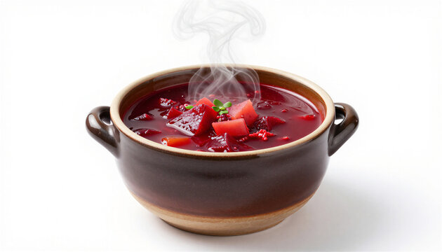 Delicious beetroot soup in a small pot with steam and fresh herbs