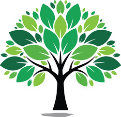 Obraz premium Modern stylized tree illustration with black trunk and symmetrical green leaves in multiple shades, symbolizing growth, nature, ecology, sustainability, environment, and educational design resources