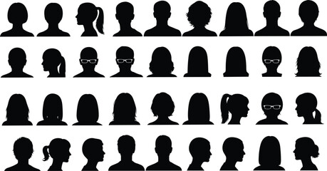 People head silhouettes collection, male and female profile portraits with different hairstyles isolated on white background for avatar design © Md